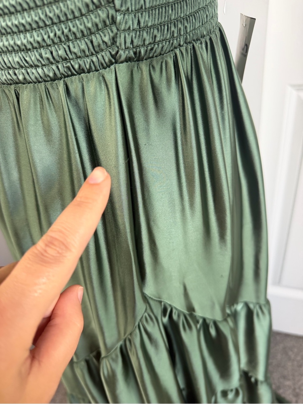 Free People Green Satin Puff Sleeve Tiered Maxi Dress Size M NWOT - Picture 8 of 16